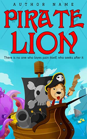 Children-book-cover-Lion-Fun-Pirate-Cartoon-Fantasy-Treasure-Sky-Animal-Sea-Kids-Violet-Story-Craft-Coin-Island-Octopus