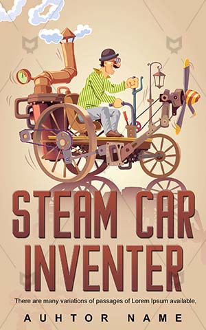 Educational-book-cover-Car-Steam-Inventor-Science-fiction-design-Illustration-Man-Technology-Antique-Engineer-Automobile-Cartoon-Driving