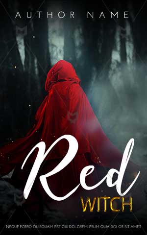 Fantasy-book-cover-red-witch-dark-forest-riding-hood-dressed-woman