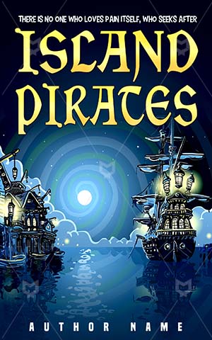 Thrillers-book-cover-Ship-Pirates-Adventure-Island-Pirate-Bay-Village-Night-Mystery-Ocean-Harbor